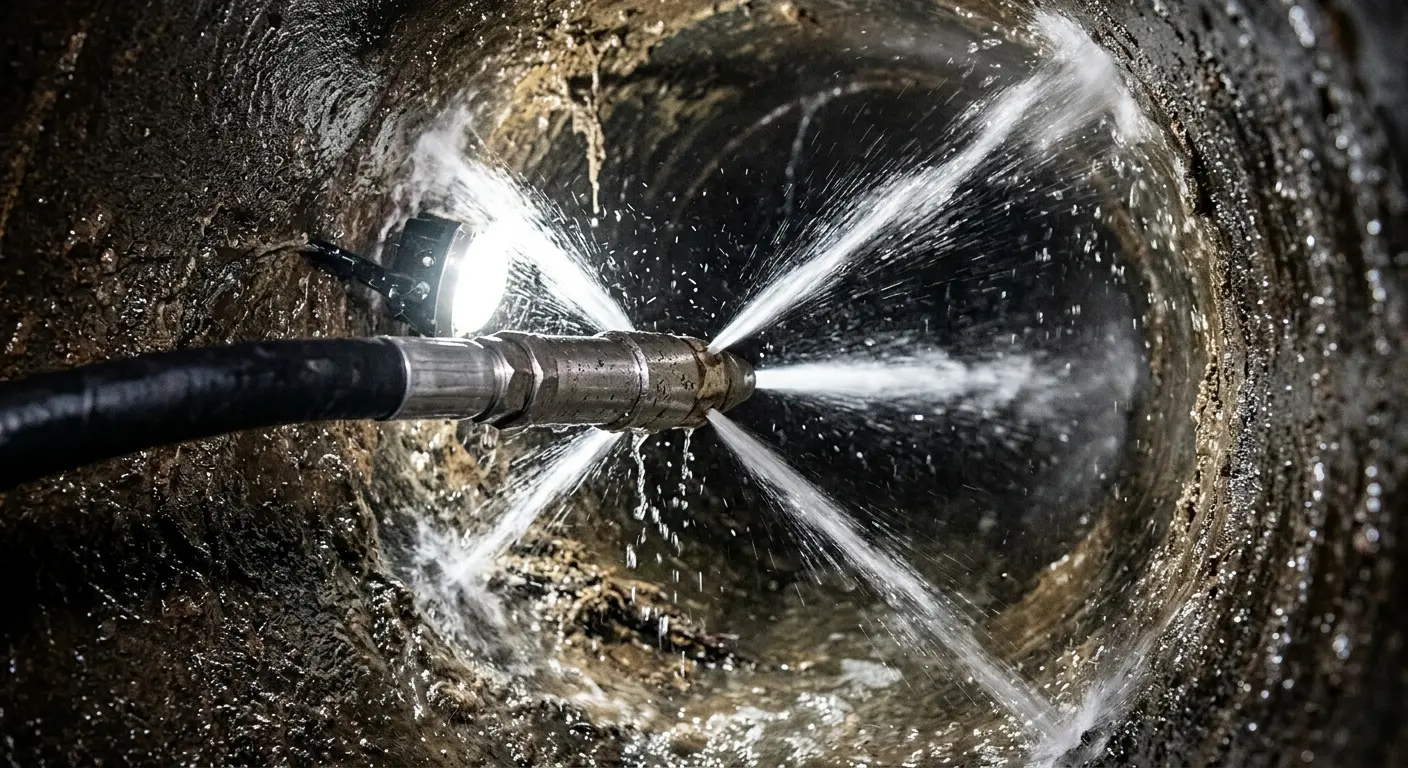 High-pressure hydro jetting nozzle cleaning sewer pipe for Trenchless Sewer Repair in Antis