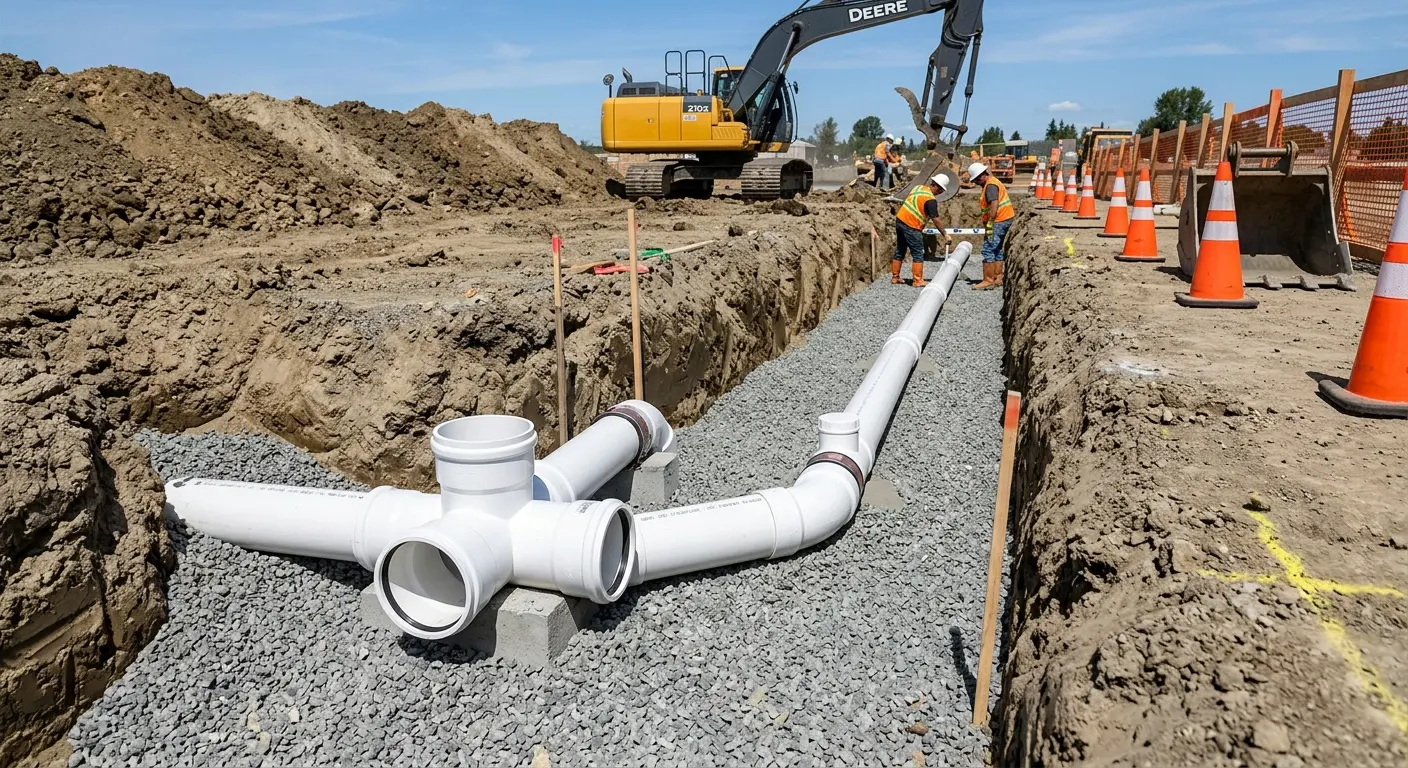 New PVC sewer pipe installation in open trench for Commercial Drain Cleaning in Antis