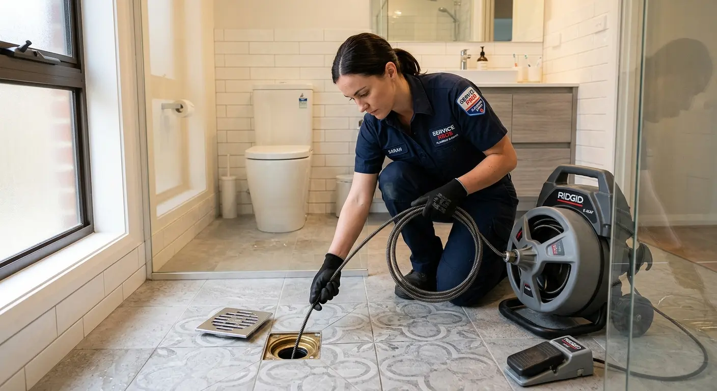 Technician clearing a bathroom floor drain for Sewer Line Replacement in Antis